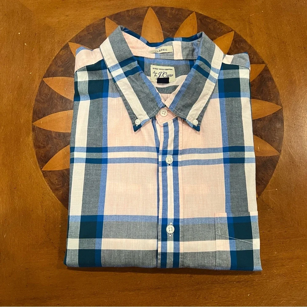J.Crew Men’s Classic Fit Short-Sleeve Secret Wash Button‎ Up Shirt Pink Plaid